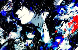 Rule 34 | 1boy, 3kuma, abstract, abstract background, black eyes, black hair, blob, colored skin, from side, high contrast, highres, looking at viewer, male focus, original, white skin