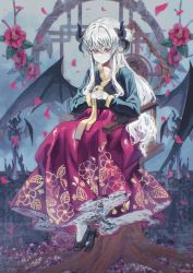 Rule 34 | 1girl, blush, closed mouth, demon girl, demon horns, demon wings, dress, ellet j, flower, highres, horns, long hair, long skirt, long sleeves, looking at viewer, original, pointy ears, red eyes, ribbon, sitting, skirt, solo, traditional clothes, white hair, wings