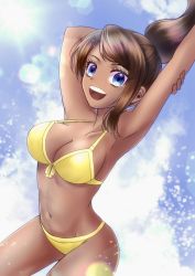 Rule 34 | 1girl, :d, arm behind head, arm up, armpits, asahina aoi, bikini, breasts, brown hair, collarbone, danganronpa: trigger happy havoc, danganronpa (series), danganronpa s: ultimate summer camp, dark-skinned female, dark skin, day, hair ornament, hairclip, highres, large breasts, navel, official alternate costume, open mouth, outdoors, outstretched arm, satori (aosky9077), smile, solo, stomach, swimsuit, teeth, upper teeth only, water, yellow bikini