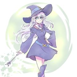 Rule 34 | 1girl, blue eyes, boots, braid, commentary, cosplay, diana cavendish, diana cavendish (cosplay), earrings, hat, hikasa youko, iesupa, jewelry, little witch academia, rwby, scar, voice actor connection, solo, wand, weiss schnee, white hair, witch hat