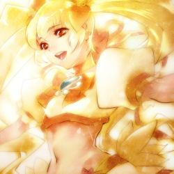 Rule 34 | 10s, 1girl, blonde hair, bloom, bow, brooch, cure sunshine, face, flower, hair flower, hair ornament, hair ribbon, heart, heart brooch, heartcatch precure!, highres, jewelry, magical girl, midriff, myoudouin itsuki, narrow waist, navel, open mouth, orange bow, outstretched arms, precure, ribbon, smile, solo, spread arms, tamachi kuwa, twintails, yellow eyes, yellow theme