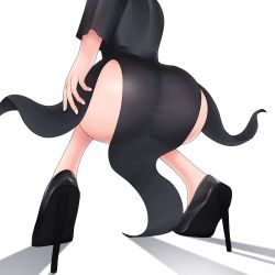 Rule 34 | ass, ass focus, atjane, close-up, dress, from below, head out of frame, high heels, highres, one-punch man, see-through, see-through dress, simple background, tatsumaki, tsundere, white background
