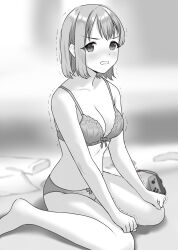 Rule 34 | 1girl, angry, bare arms, bare legs, bare shoulders, barefoot, blurry, blurry background, blush, bow, bow panties, bra, breasts, clenched hands, clenched teeth, doushimasho, hands on own knees, highres, indoors, koibito ijou no koto wo kanojo janai kimi to, legs, lingerie, medium breasts, minase ito, monochrome, on floor, open mouth, panties, seiza, short hair, simple background, sitting, solo, teeth, thighs, underwear