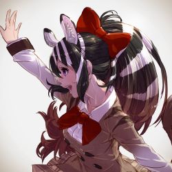 Rule 34 | 10s, 1girl, animal ear fluff, animal ears, blue eyes, bow, bowtie, breasts, commentary request, extra ears, from side, hair bow, hand up, highres, kemono friends, long hair, multicolored hair, open mouth, plaid, plaid skirt, profile, quagga (kemono friends), realistic, red bow, school uniform, skirt, solo, tail, takami masahiro, two-tone hair, upper body, zebra ears