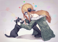 Rule 34 | 10s, 1girl, anger vein, boots, cat, cheek pinching, cross-laced footwear, glasses, grin, headphones, jacket, lace-up boots, long hair, morgana (persona 5), orange hair, papaia (quentingqoo), persona, persona 5, pinching, sakura futaba, smile, solo, thighhighs, thighhighs under boots