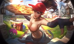 Rule 34 | 1girl, blue eyes, breasts, brown hair, cars, choker, cleavage, clothes around waist, elbow gloves, fingerless gloves, food, gloves, hat, league of legends, long hair, looking at viewer, medium breasts, nipples, nude filter, open mouth, pepperoni, pizza, pizza delivery, pizza delivery sivir, ponytail, red thighhighs, shirt, shirt around waist, sivir, smile, stuffed crust, thighhighs, third-party edit, topless