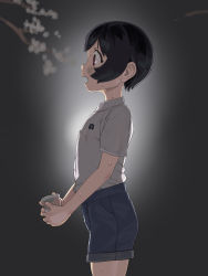Rule 34 | 1girl, 2equal8, backlighting, black hair, cup, female focus, from side, grey background, highres, holding, holding cup, open mouth, original, profile, sawada kanako, shirt, short hair, shorts, solo, sweat, white shirt