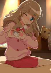 Rule 34 | 1girl, ;), blue eyes, blunt bangs, bow, bowtie, bra, brown hair, cardigan, commentary request, earrings, female focus, heart, heart hands, highres, jewelry, kikurage (crayon arts), long hair, long sleeves, looking at viewer, mewkledreamy, one eye closed, pink cardigan, red bow, red bowtie, red skirt, sitting, skirt, smile, solo, star-shaped pupils, star (symbol), star earrings, star in eye, symbol-shaped pupils, symbol in eye, translation request, underwear, white bra