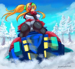 Rule 34 | absurdres, ass, blonde hair, blush, breasts, capcom, cleft of venus, dr. wily (mega man), embarrassed, from behind, highres, ichduhernz, looking at viewer, looking back, mega man (classic), mega man (series), panties, robot girl, roll (mega man), snow, snowmobile, tattoo, tree, tumother, underwear, upskirt