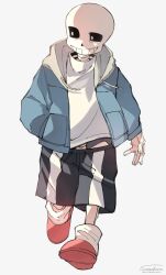 Rule 34 | 1boy, artist name, black sclera, black shorts, blue jacket, colored sclera, commentary request, drawstring, full body, grin, hand in pocket, highres, hood, hood down, hooded jacket, jacket, looking to the side, male focus, red footwear, sans (undertale), shirt, shorts, signature, simple background, skeleton, slippers, smile, socks, solo, sonokare, undertale, walking, white background, white eyes, white shirt, white socks