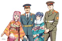 Rule 34 | 2boys, 2girls, :d, belt, blue eyes, blue hair, bow, character request, commentary, dated, formal, hair bow, hair bun, hat, horikou, japanese clothes, kagamihara nadeshiko, kimono, looking at viewer, manly, military, military hat, military uniform, multiple boys, multiple girls, necktie, new year, obi, open mouth, pink hair, purple eyes, russia, sash, shima rin, single hair bun, smile, soviet, soviet army, uniform, white background, yurucamp