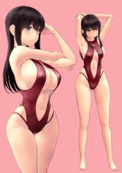 Rule 34 | 1girl, akagi (kancolle), armpits, arms behind head, arms up, bare arms, bare legs, barefoot, blush, breasts, brown eyes, brown hair, closed mouth, clothing cutout, covered erect nipples, full body, hair between eyes, highleg, highleg swimsuit, highres, kantai collection, long hair, looking at viewer, medium breasts, multiple views, navel, navel cutout, one-piece swimsuit, pink background, red one-piece swimsuit, simple background, smile, standing, stomach, swimsuit, toes, wa (genryusui)