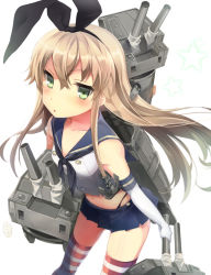 Rule 34 | 10s, 1girl, :3, :o, black ribbon, blonde hair, blue skirt, blush, breasts, collarbone, commentary, elbow gloves, eyebrows, gloves, green eyes, hair between eyes, hair ribbon, highres, kantai collection, looking at viewer, midriff, navel, parted lips, pleated skirt, rensouhou-chan, ribbon, school uniform, serafuku, shimakaze (kancolle), simple background, skirt, small breasts, solo, speech bubble, star (symbol), starry background, striped clothes, striped thighhighs, thighhighs, thighs, tlla, white background, white gloves