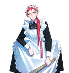 Rule 34 | 1boy, absurdres, alternate costume, apron, chain necklace, crossdressing, ear piercing, enmaided, fishfall, harai kuko, highres, holding, holding weapon, hypnosis mic, jewelry, long hair, long sleeves, maid, maid apron, maid headdress, male maid, messy hair, necklace, open mouth, piercing, ponytail, red hair, ring, short hair, simple background, squatting, weapon, white background, yellow eyes