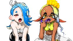 Rule 34 | 2girls, asymmetrical hair, bare shoulders, blonde hair, blue hair, cephalopod eyes, chest sarashi, colored eyelashes, colored skin, crop top, cross-shaped pupils, dark-skinned female, dark skin, earrings, fangs, finger in own mouth, food, food on head, forehead, frye (splatoon), gradient hair, gradient skin, hachimaki, hand up, headband, highres, horizontal pupils, inkling, jewelry, koharu2.5, light blue hair, long hair, long pointy ears, looking at viewer, multicolored hair, multicolored skin, multiple earrings, multiple girls, nejiri hachimaki, nintendo, object on head, octoling, open mouth, orange pupils, pink eyes, pointy ears, purple skin, red pupils, sarashi, shirt, shiver (splatoon), short eyebrows, simple background, sleeveless, sleeveless shirt, splatoon (series), splatoon 3, suction cups, symbol-shaped pupils, teeth, tentacle hair, tongue, tongue out, tooth earrings, two-tone hair, two-tone skin, uvula, white background, yellow eyes, yellow shirt