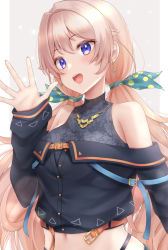 Rule 34 | .live, 1girl, awai shiro, blonde hair, blush, breasts, earrings, hair between eyes, hair ornament, highres, jewelry, long hair, looking at viewer, low twintail, midriff, nanahoshi milily, necklace, purple eyes, simple background, solo, virtual youtuber, waving