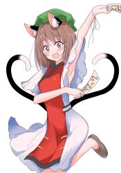 Rule 34 | 1girl, :d, absurdres, animal ear fluff, animal ears, arm under breasts, arm up, armpits, blush, brown eyes, brown hair, cat ears, cat tail, chen, dress, earrings, foul detective satori, hat, highres, holding, holding paper, jewelry, looking at viewer, medium hair, mob cap, multiple tails, nekomata, ofuda, open mouth, paper, shiisuu rattamu, simple background, single earring, smile, solo, tabard, tail, touhou, two tails, white background, white dress