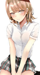 Rule 34 | 1girl, absurdres, blush, breasts, brown eyes, brown hair, commentary request, highres, isshiki iroha, ka1se1, looking at viewer, medium breasts, open mouth, school uniform, shirt, short hair, short sleeves, simple background, skirt, smile, solo, white background, white shirt, yahari ore no seishun lovecome wa machigatteiru.