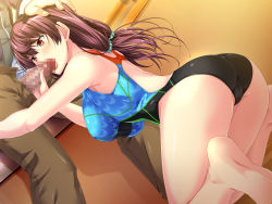 Rule 34 | 1girl, ass, back, barefoot, blush, breasts, brown hair, cameltoe, censored, feet, fellatio, game cg, hand on head, kneeling, large breasts, legs, long hair, marushin (denwa0214), mosaic censoring, oral, orange eyes, penis, shinohara katsumi, solo focus, standing, supokon! sports wear complex, swimsuit, thighs, unzipped