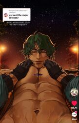 Rule 34 | 1boy, abs, bara, bare pectorals, dark-skinned male, dark skin, from below, green hair, half-closed eyes, highres, jacket, jacket partially removed, joe (sk8), large pectorals, male focus, meme, muscular, muscular male, navel, nipples, off shoulder, pectoral squeeze, pectorals, perspective, photo-referenced, seductive smile, short hair, sk8 the infinity, smile, solo, thick eyebrows, umikochannart, veiny crotch, we want the major pectussy (meme)