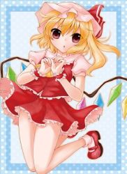 Rule 34 | 1girl, ascot, blonde hair, blouse, comiket 78, commentary request, crystal, flandre scarlet, frilled shirt, frilled shirt collar, frilled skirt, frills, full body, hair between eyes, hat, hat ribbon, jumping, long hair, looking at viewer, mary janes, mob cap, one side up, open mouth, puffy short sleeves, puffy sleeves, red eyes, red footwear, red ribbon, red skirt, red vest, ribbon, shirt, shoes, short sleeves, skirt, socks, solo, takarai mitsu, touhou, vest, white hat, white shirt, white socks, wings, wrist cuffs, yellow ascot