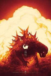 Rule 34 | claws, dinosaur, dust, english text, epic, explosion, fire, giant, giant monster, glowing, glowing eyes, glowing mouth, godzilla, godzilla (series), godzilla minus one, highres, japanese text, kaijuu, monster, movie poster, mushroom cloud, no humans, no pupils, nuclear explosion, official art, open mouth, phantom city creative, poster (medium), sea monster, sharp teeth, smoke, spikes, teeth, toho