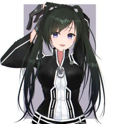 Rule 34 | 1girl, :d, arms up, black gloves, black hair, black jacket, black order uniform, blue eyes, chronica (chr0nica), d.gray-man, earrings, gloves, highres, jacket, jewelry, lenalee lee, long hair, long sleeves, looking at viewer, open mouth, partially unzipped, smile, solo, twintails, upper body, very long hair