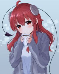 Rule 34 | 1girl, absurdres, ahoge, blush, breasts, buttons, closed mouth, coffee cup, cup, demon girl, demon horns, demon tail, disposable cup, grey background, grey jacket, head tilt, highres, holding, holding cup, horns, jacket, long hair, long sleeves, looking at viewer, machikado mazoku, medium breasts, red eyes, red hair, shirt, simazuzuzuzu, single sidelock, smile, solo, square, tail, tail raised, upper body, white shirt, yoshida yuuko (machikado mazoku)