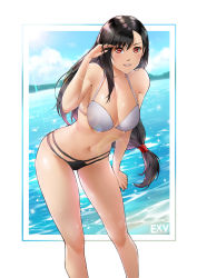 Rule 34 | 1girl, bare shoulders, bent over, bikini, black hair, breasts, cleavage, day, earrings, exv, feet out of frame, final fantasy, final fantasy vii, hair between eyes, highres, jewelry, large breasts, long hair, looking at viewer, midriff, navel, outdoors, parted lips, red eyes, sleeveless, solo, stomach, swimsuit, teeth, tifa lockhart, water