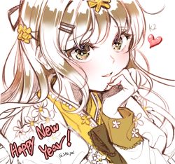 Rule 34 | 1girl, bad id, bad pixiv id, blush, brown eyes, brown hair, character name, commentary request, flower, girls&#039; frontline, hair ornament, hairclip, hanbok, happy new year, heart, highres, k2 (far east princess) (girls&#039; frontline), k2 (girls&#039; frontline), korean clothes, long hair, long sleeves, looking at viewer, menna (0012), new year, official alternate costume, parted lips, simple background, smile, solo, twitter username, upper body, white background, white flower