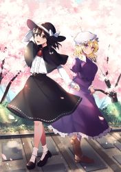 Rule 34 | 2girls, ascot, belt, black capelet, black eyes, black hair, black skirt, blue eyes, blush, bobby socks, bow, breasts, brown footwear, capelet, cherry blossoms, commentary request, dress, fedora, frilled dress, frilled shirt collar, frills, hair bow, hat, hat ribbon, highres, kaede (mmkeyy), large breasts, loafers, long sleeves, looking at viewer, maribel hearn, mary janes, mob cap, multiple girls, open mouth, petals, purple dress, purple eyes, red ascot, ribbon, ribbon-trimmed skirt, ribbon trim, shirt, shoes, short hair, skirt, smile, socks, standing, touhou, tree, usami renko, white legwear, white shirt, wing collar