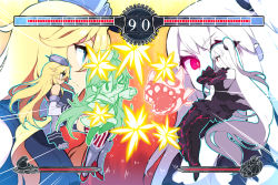 Rule 34 | 2girls, abyssal ship, aircraft carrier oni, aircraft carrier princess, armor, armored boots, bare shoulders, black dress, blonde hair, blue eyes, boots, breasts, center opening, clenched hand, closed mouth, colored skin, crossed arms, dress, elbow gloves, emphasis lines, fairy (kancolle), fighting game, floating, floating hair, from side, frown, gameplay mechanics, gauntlets, gloves, hair between eyes, hair ornament, headgear, health bar, iowa (kancolle), itsumo nokoru, jojo no kimyou na bouken, jojo pose, kantai collection, large breasts, long hair, miniskirt, multiple girls, multiple views, one eye closed, one side up, outstretched arm, parody, pencil skirt, profile, punching, red eyes, rudder footwear, sailor dress, short dress, skirt, sleeveless, sleeveless dress, smile, stand (jojo), striped legwear, thighhighs, underboob, vertical-striped legwear, very long hair, white hair, white skin, wrist cuffs