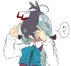 Rule 34 | 1girl, ahoge, animal, animal on head, animalization, aqua bow, aqua bowtie, arms up, artist request, black ribbon, bow, bowtie, braid, collared shirt, commentary request, covering face, dress, fujinami (kancolle), grey hair, hair over eyes, hair over shoulder, hair ribbon, hamanami (kancolle), kantai collection, long hair, long sleeves, on head, purple dress, rabbit, ribbon, school uniform, shirt, simple background, single braid, sleeveless, sleeveless dress, speech bubble, translation request, upper body, white background, white shirt