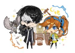 Rule 34 | 1boy, 1girl, :d, ace attorney, animal, athena cykes, bird, black coat, black footwear, black hair, black jacket, black necktie, black pants, blue eyes, blue necktie, blue ribbon, blush, chibi, chibi only, coat, courtroom, crescent, crescent earrings, earrings, feather in mouth, feathers, full body, gavel, hair between eyes, hair ribbon, hand in pocket, hawk, jacket, jewelry, long hair, looking at another, multicolored hair, necklace, necktie, open clothes, open jacket, open mouth, orange hair, ottehare, pants, pantyhose, ribbon, shirt, side ponytail, simon blackquill, single earring, skirt, smile, taka (ace attorney), two-tone hair, very long hair, white footwear, white hair, white shirt, yellow jacket, yellow skirt