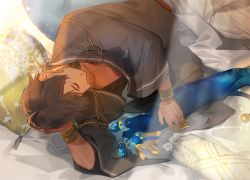 Rule 34 | 1boy, ahoge, animal, bracelet, brown hair, choker, closed eyes, dark-skinned male, dark skin, earrings, egyptian clothes, fate/grand order, fate/prototype, fate/prototype: fragments of blue and silver, fate (series), gold choker, jewelry, looking at another, lying, male focus, on side, open mouth, ozymandias (fate), pet, short hair, smile, sphinx awlad, takashi (huzakenna)