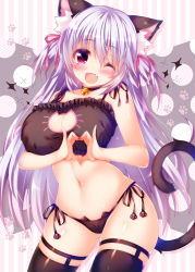 Rule 34 | 1girl, ;d, animal ears, bare shoulders, bell, black panties, black thighhighs, blush, breasts, cat cutout, cat ear panties, cat ears, cat lingerie, cat tail, choker, cleavage, cleavage cutout, clothing cutout, cowboy shot, eyebrows, fang, frills, gluteal fold, groin, hair ribbon, jingle bell, large breasts, light purple hair, long hair, looking at viewer, meme attire, navel, neck bell, one eye closed, ooji cha, open mouth, original, oziko (ooji cha), panties, paw print, pink ribbon, pinky out, polka dot, purple hair, ribbon, side-tie panties, silver hair, smile, solo, standing, stomach, striped, striped background, tail, thighhighs, two side up, underwear, underwear only