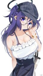 Rule 34 | 1girl, absurdres, alternate costume, bag, black hat, black skirt, blue archive, blush, boqee, bracelet, breasts, cabbie hat, cleavage, closed mouth, collarbone, glasses, halo, hat, highres, jewelry, large breasts, long hair, looking at viewer, mechanical halo, purple eyes, purple hair, round eyewear, shirt, shoulder bag, signature, simple background, skirt, solo, two side up, white background, white shirt, yuuka (blue archive)