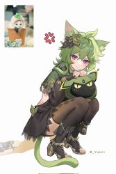 Rule 34 | 1girl, ahoge, anger vein, animal ear fluff, animal ears, blush, bridal gauntlets, brown thighhighs, capelet, cat, cat ears, cat tail, closed mouth, collei (genshin impact), commentary request, crossed bangs, cuilein-anbar (genshin impact), earrings, furrowed brow, genshin impact, green capelet, green hair, hair ornament, highres, jewelry, long sleeves, looking at viewer, photo-referenced, puffy long sleeves, puffy sleeves, purple eyes, reference inset, sidelocks, single earring, solo, squatting, tail, thighhighs, toeless footwear, twitter username, yukiri (l ii)
