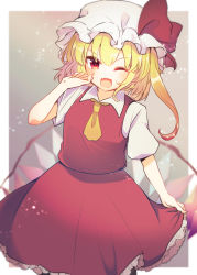 Rule 34 | 1girl, aoi (annbi), ascot, blonde hair, bow, commentary request, fang, flandre scarlet, hat, hat bow, highres, mob cap, one eye closed, open mouth, petticoat, red eyes, red skirt, red vest, short sleeves, skin fang, skirt, skirt hold, skirt set, solo, touhou, vest, wings, yellow ascot