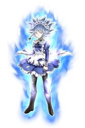 Rule 34 | 1girl, apron, aura, black footwear, boots, bow, braid, breasts, clenched hand, cross-laced footwear, dragon ball, dragon ball super, dress, frilled apron, frilled dress, frills, full body, green bow, grey eyes, hair bow, highres, izayoi sakuya, lace-up boots, maid, maid headdress, ohoho, pantyhose, parody, silver hair, small breasts, solo, torn clothes, torn pantyhose, touhou, transparent background, twin braids, ultra instinct