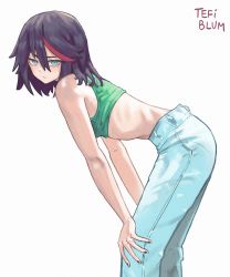 Rule 34 | 1girl, absurdres, alternate costume, artist name, backlighting, bare arms, bent over, black hair, black nails, blue eyes, bra, casual, closed mouth, denim, expressionless, feet out of frame, fingernails, from side, green bra, hair between eyes, hands on own knees, highres, jeans, kill la kill, looking at viewer, matoi ryuuko, medium hair, midriff, multicolored hair, nail polish, narrow waist, pants, raised eyebrow, red hair, red pupils, ribs, simple background, slit pupils, solo, sports bra, standing, streaked hair, tefi blum, tsurime, underwear, white background