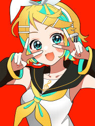 Rule 34 | 1girl, absurdres, bare shoulders, black sailor collar, blonde hair, blue eyes, blush, bow, collarbone, commentary, detached sleeves, double v, hair bow, hair ornament, hairclip, headphones, highres, kagamine rin, looking at viewer, open mouth, orange nails, red background, ribbon, sailor collar, shirt, short hair, smile, solo, sugarmonaka, v, vocaloid, white shirt