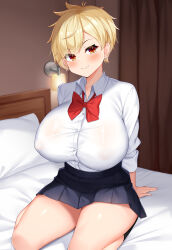 Rule 34 | 1girl, black skirt, black socks, blonde hair, blush, bow, bowtie, breasts, closed mouth, collared shirt, commentary request, covered erect nipples, daichi (tokoya), full body, highres, huge breasts, indoors, long sleeves, original, red bow, red bowtie, red eyes, see-through, see-through shirt, seiza, shirt, short hair, sitting, skirt, smile, socks, solo, white shirt