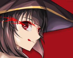 Rule 34 | 1girl, :q, black hat, bright pupils, brown hair, close-up, closed mouth, commentary, eye trail, from side, hat, highres, kono subarashii sekai ni shukufuku wo!, light trail, looking at viewer, looking to the side, lyourika, megumin, profile, red background, red eyes, short hair, short hair with long locks, sidelocks, simple background, solo, tongue, tongue out, witch hat