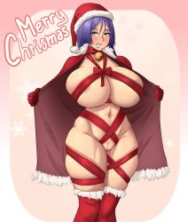 Rule 34 | 1girl, areola slip, bell, blush, bow, breasts, christmas, coat, curvy, embarrassed, eyes visible through hair, facing viewer, fate/grand order, fate (series), feet out of frame, flashing, fur-trimmed coat, fur-trimmed legwear, fur trim, gloves, gradient background, hat, highres, huge breasts, jingle bell, legs together, long hair, looking at viewer, merry christmas, minamoto no raikou (fate), naked coat, naked ribbon, navel, neck bell, presenting, purple eyes, purple hair, pussy, red bow, red coat, red gloves, red thighhighs, ribbon, salmon background, santa costume, santa hat, simple background, skindentation, solo, standing, thighhighs, uncensored, vicsenpai