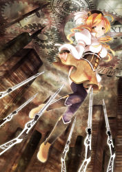 Rule 34 | 10s, 1girl, beret, blonde hair, boots, breasts, building, clock, clothes lift, detached sleeves, drill hair, female focus, fingerless gloves, full body, gears, gloves, gun, hair ornament, hat, large breasts, magical girl, mahou shoujo madoka magica, mahou shoujo madoka magica (anime), miyako910724, outdoors, pleated skirt, shirt, skirt, skirt lift, sky, solo, taut clothes, taut shirt, thighhighs, tomoe mami, weapon, yellow eyes