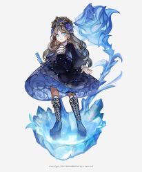 Rule 34 | 1girl, 2019, aqua eyes, bad id, bad pixiv id, beads, black dress, blue dress, blue eyes, blue footwear, blue headwear, blue ribbon, boots, brown hair, commentary, cross-laced footwear, crystal, dongbackbyul, dress, english commentary, full body, gem, highres, holding, holding weapon, ice, jewelry, knee boots, kneehighs, long hair, long sleeves, looking at viewer, original, petticoat, puffy long sleeves, puffy sleeves, ribbon, ring, simple background, socks, solo, standing, weapon, white background