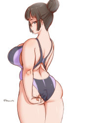 Rule 34 | 1girl, adjusting clothes, adjusting swimsuit, ass, bare shoulders, blaccura, black hair, breasts, competition swimsuit, glasses, huge breasts, looking at viewer, looking back, one-piece swimsuit, original, plump, short hair, simple background, solo, swimsuit, thighs, twitter username, white background