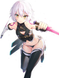 Rule 34 | 1girl, arm belt, bandaged arm, bandages, black panties, black thighhighs, breasts, cleavage cutout, closed mouth, clothing cutout, dagger, dual wielding, facial scar, fate/apocrypha, fate (series), gloves, hair between eyes, highres, holding, holding dagger, holding knife, holding weapon, jack the ripper (fate/apocrypha), knife, looking at viewer, lowleg, lowleg panties, navel, panties, ririko (zhuoyandesailaer), scar, scar across eye, scar on cheek, scar on face, short hair, shoulder tattoo, simple background, single glove, small breasts, solo, tattoo, thighhighs, thighs, underwear, weapon, white background, white hair, yellow eyes