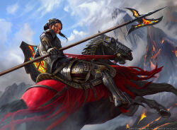 Rule 34 | 1girl, akreon, armor, artist name, black hair, blue sky, company name, halberd, highres, holding, holding polearm, holding weapon, horse, horseback riding, looking at viewer, magic: the gathering, lava, mountain, outdoors, polearm, riding, shield, sky, solo, stained glass, watermark, weapon